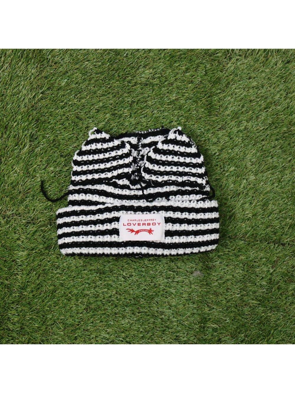 Charles Jeffrey LOVERBOY Black White Cat-Ear Knit Beanie